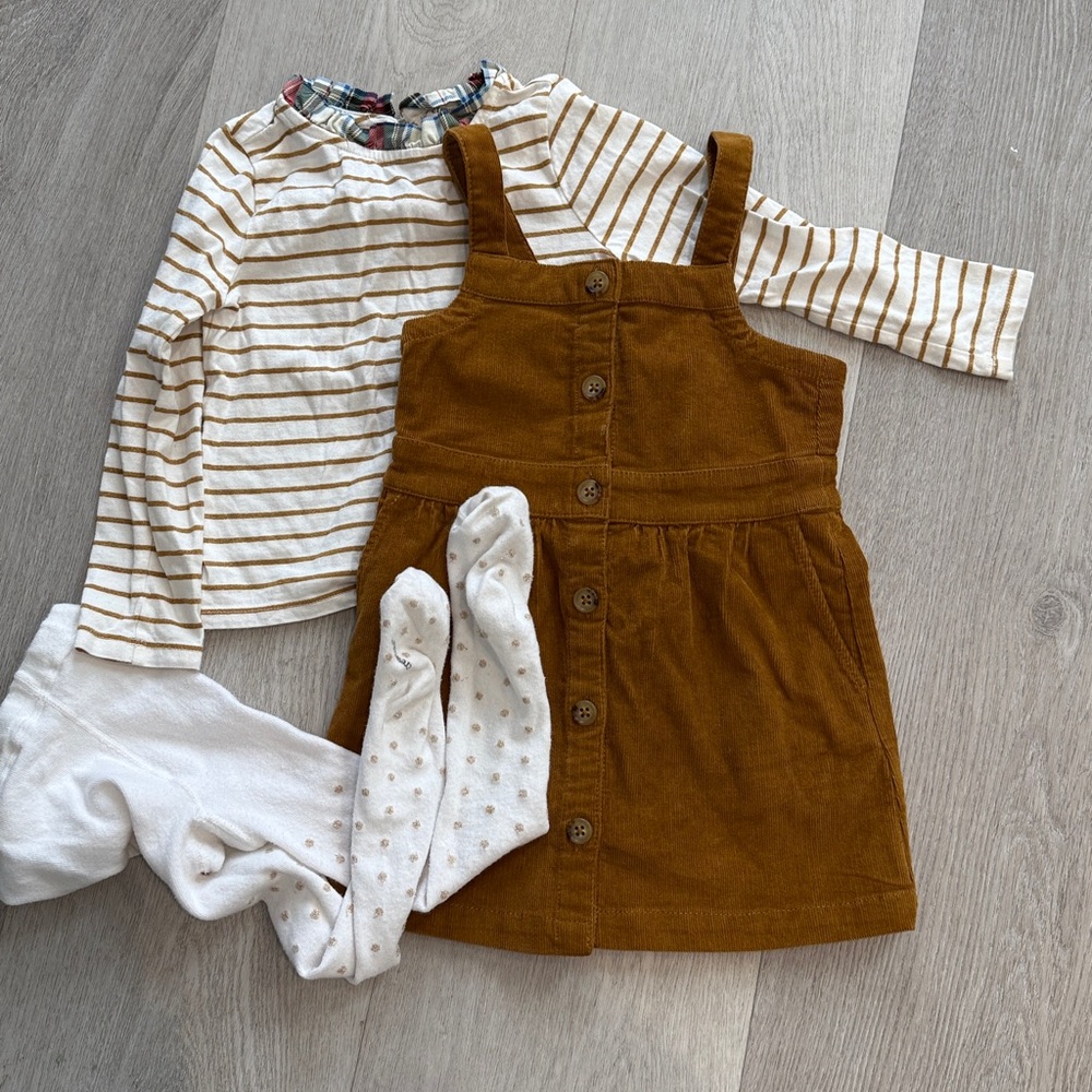 Crewcuts Brown corduroy Dress and Striped Top Set with tights that match